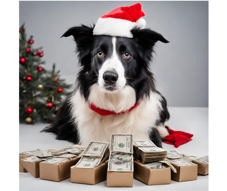 Border Collie with cash at Christmas